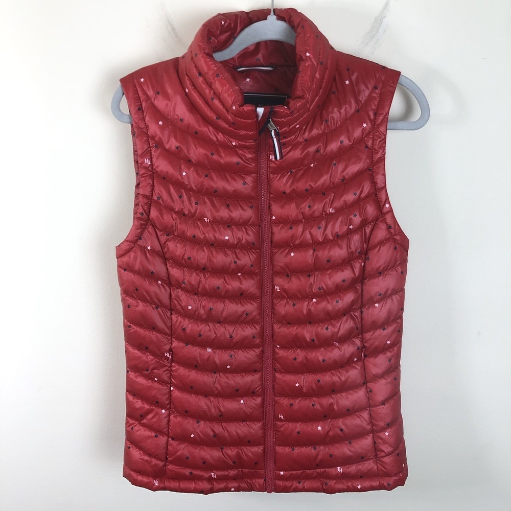 Tommy Hilfiger Red Star Print Full Zip Puffer Vest Women's Sz M Red USA